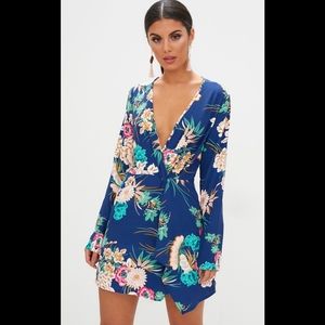 Blue Floral Long Sleeve Wrap Dress